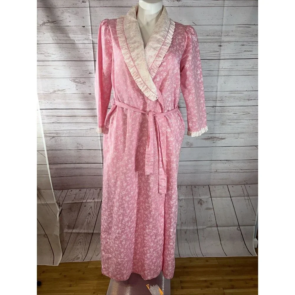Vintage Leisure Life Long Pink white floral Robe Slash Pockets Dressing Gown USA - Picture 2 of 11